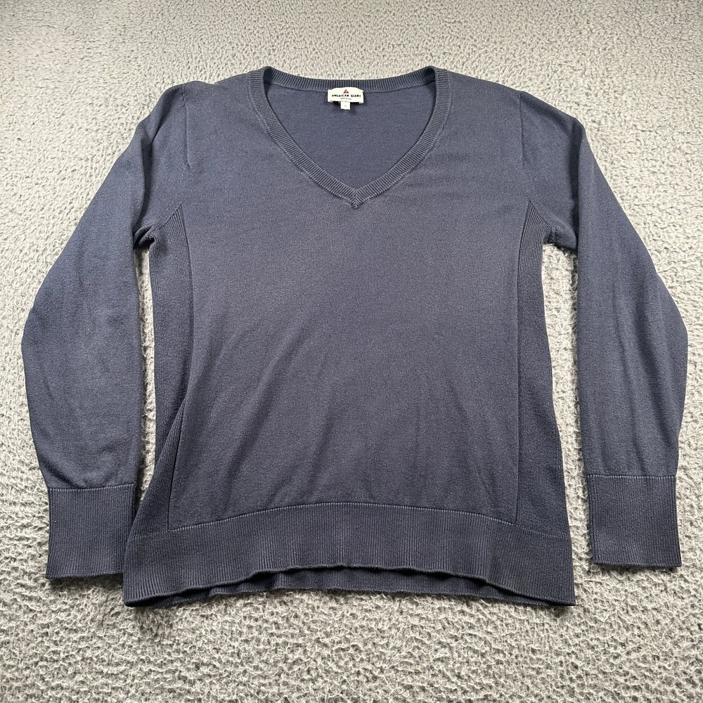 American Giant Men's Sweater Large‎ Blue Merino Wool Cotton V-Neck